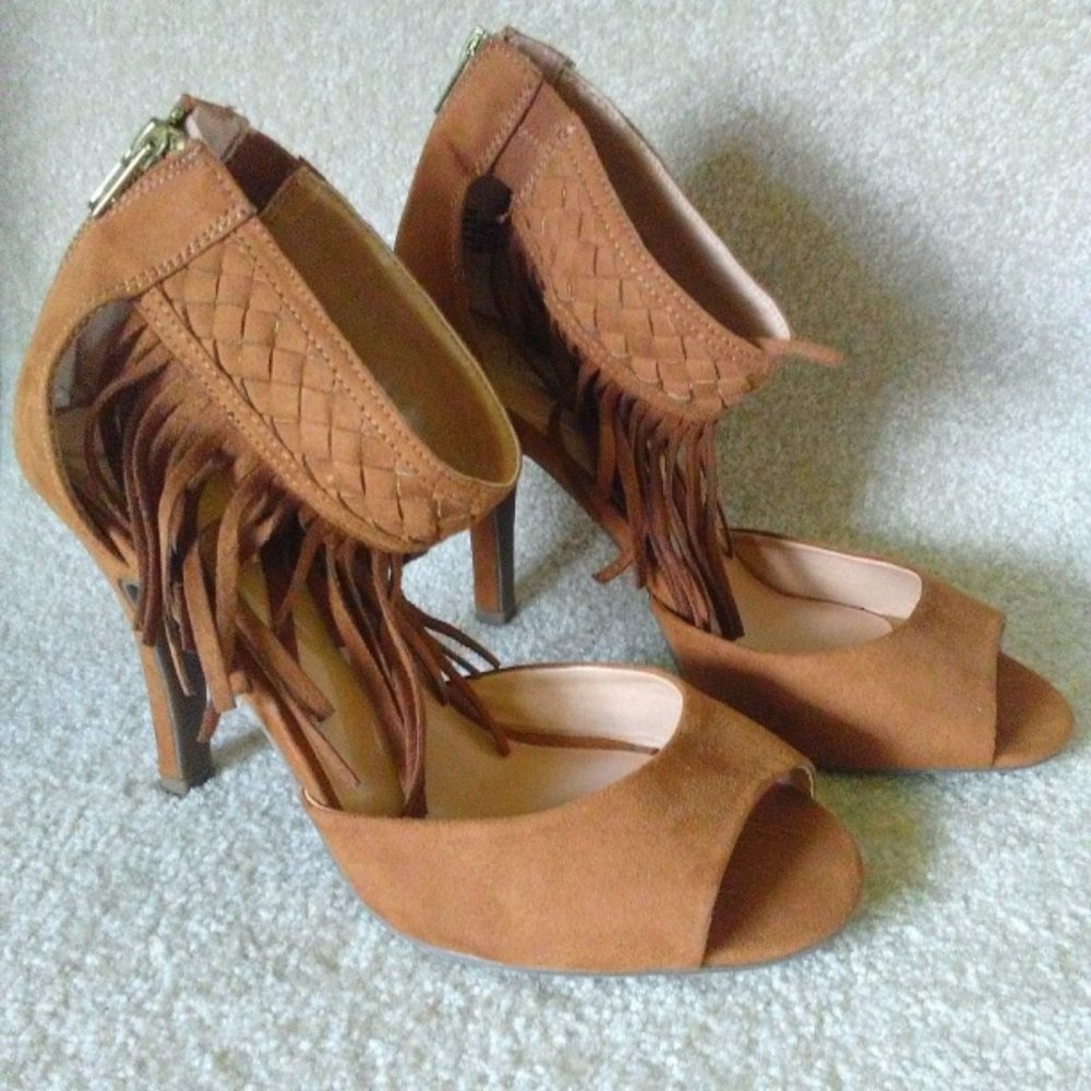 Lane Bryant Cognac Suede Fringe  Ankle Heels - Picture 2 of 9